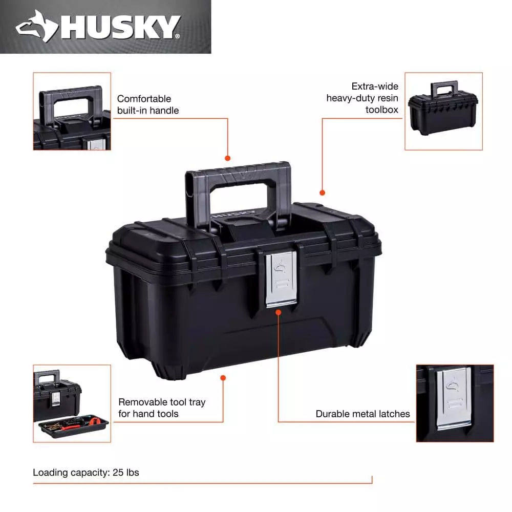 Husky 16 in. Black Plastic Portable Tool Box with Metal Latches 4 Husky 16 in. Black Plastic Portable Tool Box with Metal Latches - Image 2