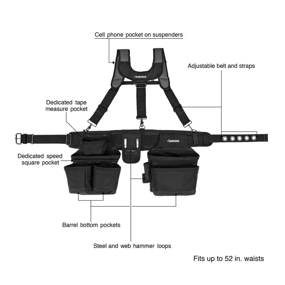 Husky 16-Pocket Black Carpenter's Tool Belt with Suspenders 5 Husky 16-Pocket Black Carpenter's Tool Belt with Suspenders - Image 3