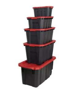 Husky 45 Gal. Latch and Stack Tote with Wheels in Black with Red Lid -FixPro Store black red husky storage bins 206201 76 1000