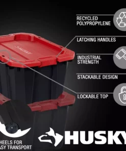 Husky 45 Gal. Latch and Stack Tote with Wheels in Black with Red Lid -FixPro Store black red husky storage bins 206201 a0 1000