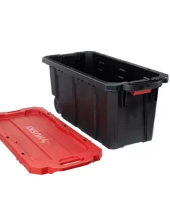 Husky 45 Gal. Latch and Stack Tote with Wheels in Black with Red Lid -FixPro Store black red husky storage bins 206201 c3 1000