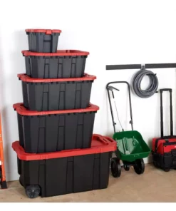 Husky 45 Gal. Latch and Stack Tote with Wheels in Black with Red Lid -FixPro Store black red husky storage bins 206201 d4 1000