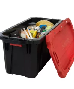Husky 45 Gal. Latch and Stack Tote with Wheels in Black with Red Lid -FixPro Store black red husky storage bins 206201 e1 1000