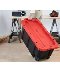 Husky 45 Gal. Latch and Stack Tote with Wheels in Black with Red Lid -FixPro Store black red husky storage bins 206201 fa 1000