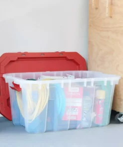 Husky 25 Gal. Latch and Stack Tote in Clear with Red Lid -FixPro Store clear husky storage bins 206234 31 1000