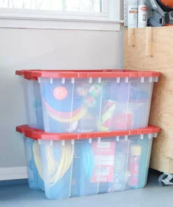 Husky 25 Gal. Latch and Stack Tote in Clear with Red Lid -FixPro Store clear husky storage bins 206234 e1 1000