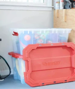 Husky 25 Gal. Latch and Stack Tote in Clear with Red Lid -FixPro Store clear husky storage bins 206234 fa 1000 1