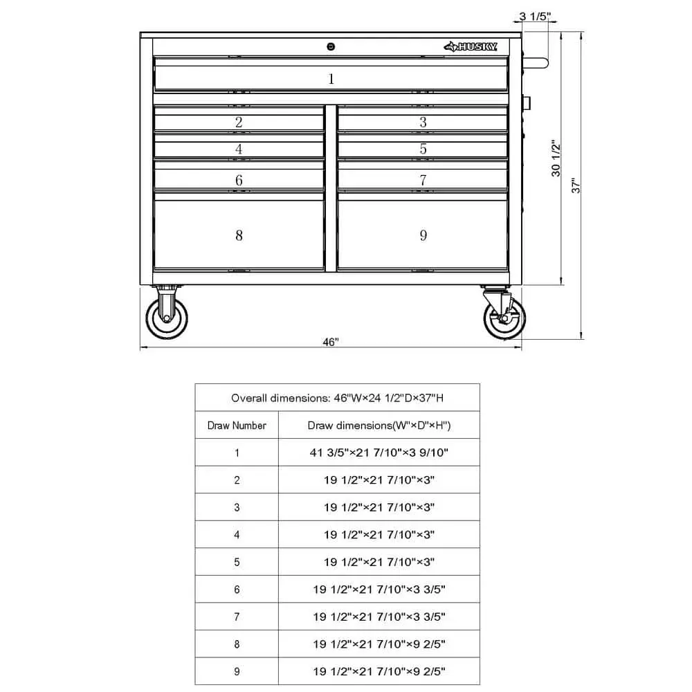 Husky 46 in. W x 24.5 in. D Standard Duty 9-Drawer Mobile Workbench Tool Chest with Solid Wood Top in Gloss Black 5 Husky 46 in. W x 24.5 in. D Standard Duty 9-Drawer Mobile Workbench Tool Chest with Solid Wood Top in Gloss Black - Image 3