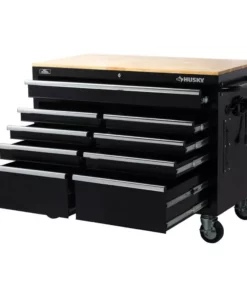 Husky 46 in. W x 24.5 in. D Standard Duty 9-Drawer Mobile Workbench Tool Chest with Solid Wood Top in Gloss Black 27 Husky 46 in. W x 24.5 in. D Standard Duty 9-Drawer Mobile Workbench Tool Chest with Solid Wood Top in Gloss Black -FixPro Store gloss black with silver trim husky mobile workbenches h46mwc9v2 44 1000