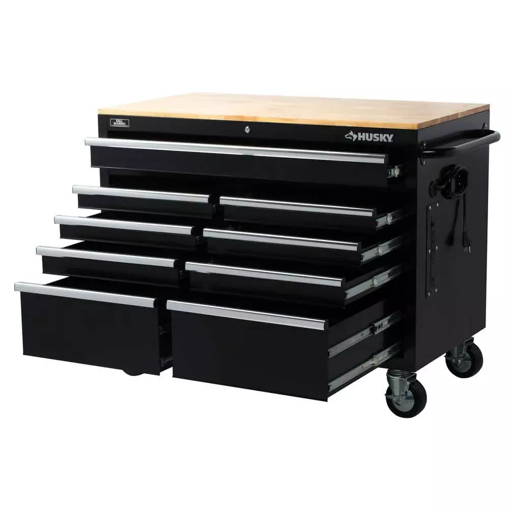 Husky 46 in. W x 24.5 in. D Standard Duty 9-Drawer Mobile Workbench Tool Chest with Solid Wood Top in Gloss Black 13 Husky 46 in. W x 24.5 in. D Standard Duty 9-Drawer Mobile Workbench Tool Chest with Solid Wood Top in Gloss Black - Image 11