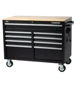 Husky 46 in. W x 24.5 in. D Standard Duty 9-Drawer Mobile Workbench Tool Chest with Solid Wood Top in Gloss Black