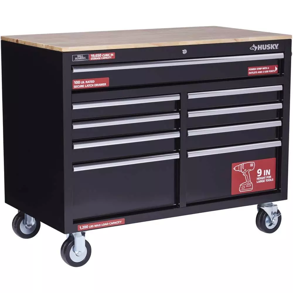 Husky 46 in. W x 24.5 in. D Standard Duty 9-Drawer Mobile Workbench Tool Chest with Solid Wood Top in Gloss Black 8 Husky 46 in. W x 24.5 in. D Standard Duty 9-Drawer Mobile Workbench Tool Chest with Solid Wood Top in Gloss Black - Image 6