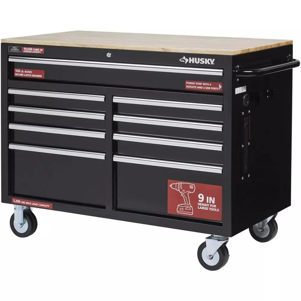 Husky 46 in. W x 24.5 in. D Standard Duty 9-Drawer Mobile Workbench Tool Chest with Solid Wood Top in Gloss Black 15 Husky 46 in. W x 24.5 in. D Standard Duty 9-Drawer Mobile Workbench Tool Chest with Solid Wood Top in Gloss Black - Image 13