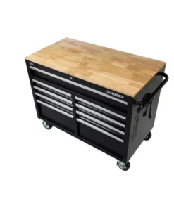 Husky 46 in. W x 24.5 in. D Standard Duty 9-Drawer Mobile Workbench Tool Chest with Solid Wood Top in Gloss Black 20 Husky 46 in. W x 24.5 in. D Standard Duty 9-Drawer Mobile Workbench Tool Chest with Solid Wood Top in Gloss Black -FixPro Store gloss black with silver trim husky mobile workbenches h46mwc9v2 a0 1000