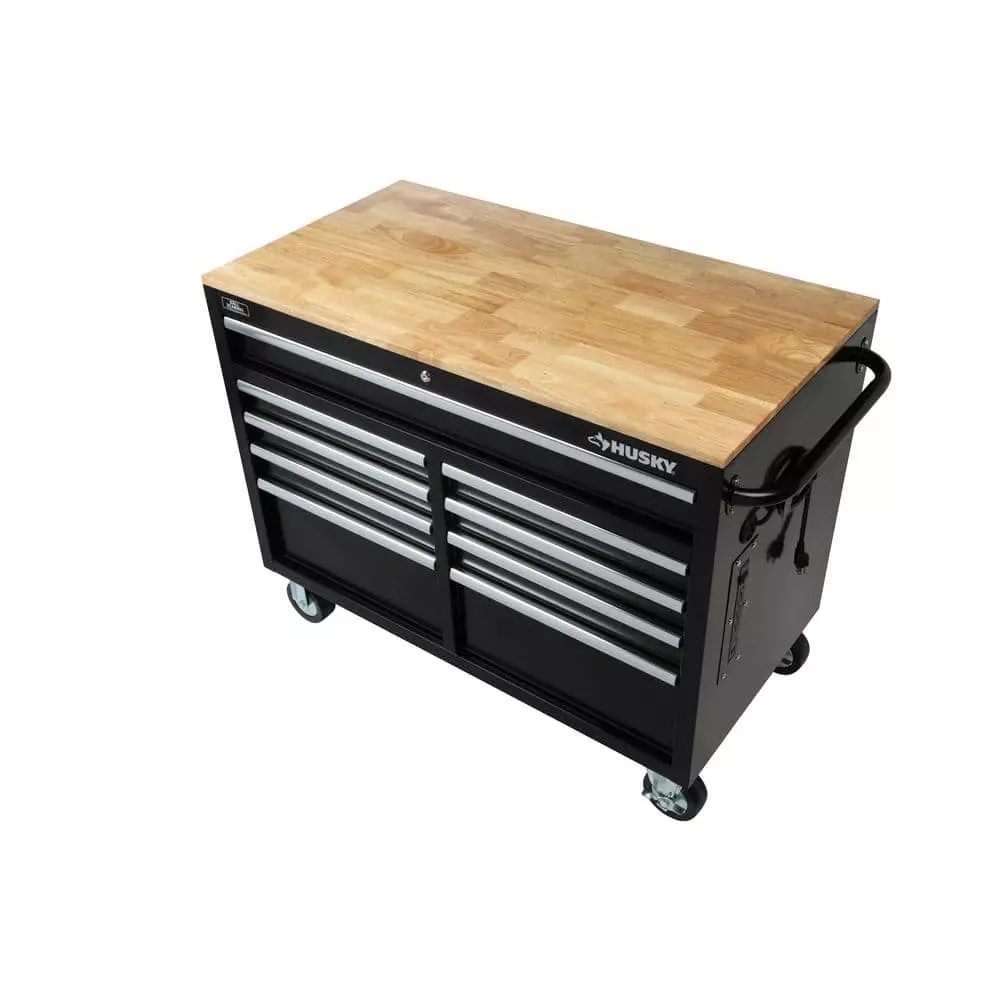 Husky 46 in. W x 24.5 in. D Standard Duty 9-Drawer Mobile Workbench Tool Chest with Solid Wood Top in Gloss Black 6 Husky 46 in. W x 24.5 in. D Standard Duty 9-Drawer Mobile Workbench Tool Chest with Solid Wood Top in Gloss Black - Image 4