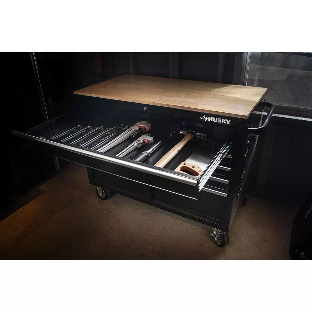 Husky 46 in. W x 24.5 in. D Standard Duty 9-Drawer Mobile Workbench Tool Chest with Solid Wood Top in Gloss Black 10 Husky 46 in. W x 24.5 in. D Standard Duty 9-Drawer Mobile Workbench Tool Chest with Solid Wood Top in Gloss Black - Image 8