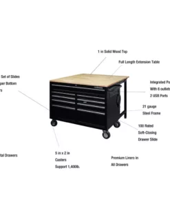Husky 46 in.W x 51 in. D Standard Duty 9-Drawer Mobile Workbench with Solid Top Full Length Extension Table in Black -FixPro Store gloss black with silver trim husky mobile workbenches hotc4609b15m 1d 1000