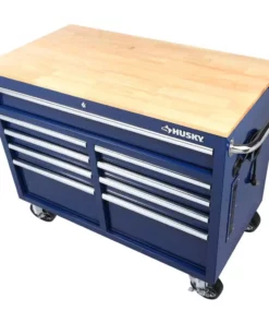 Husky 46 in. W x 24.5 in. D Standard Duty 9-Drawer Mobile Workbench Tool Chest with Solid Wood Top in Gloss Blue -FixPro Store gloss blue with silver trim husky mobile workbenches h46mwc9gbv2 1d 1000