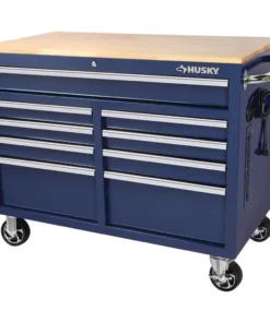 Husky 46 in. W x 24.5 in. D Standard Duty 9-Drawer Mobile Workbench Tool Chest with Solid Wood Top in Gloss Blue