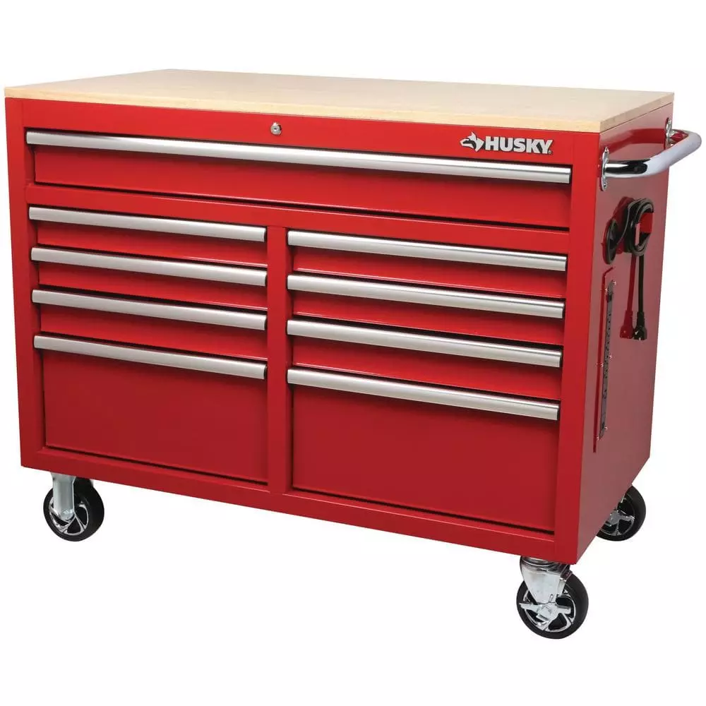 Husky 46 in. W x 24.5 in. D 9-Drawer Gloss Red Deep Tool Chest Mobile Workbench with Hardwood Top 3 Husky 46 in. W x 24.5 in. D 9-Drawer Gloss Red Deep Tool Chest Mobile Workbench with Hardwood Top