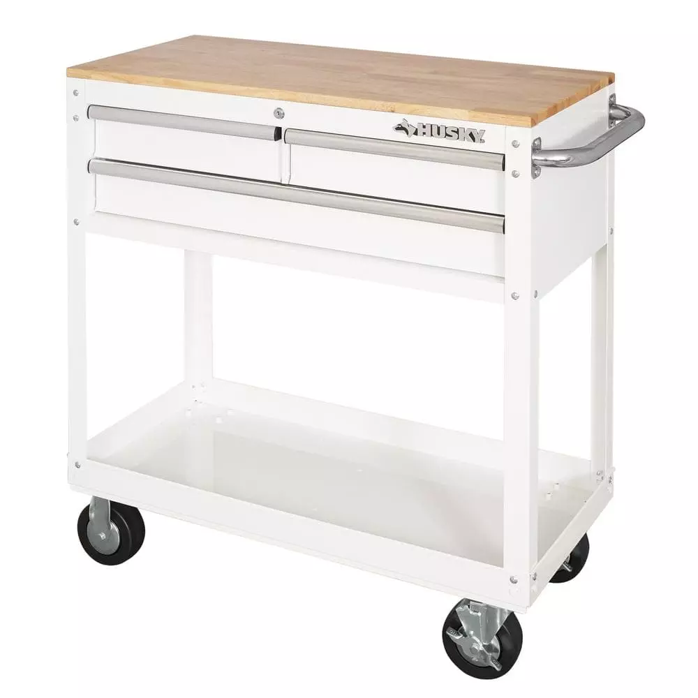 Husky 36 in. 3-Drawer with Solid Wood Top in Gloss White Utility Cart 3 Husky 36 in. 3-Drawer with Solid Wood Top in Gloss White Utility Cart