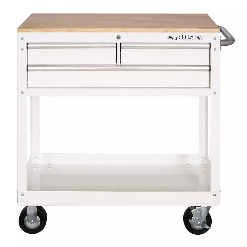 Husky 36 in. 3-Drawer with Solid Wood Top in Gloss White Utility Cart 7 Husky 36 in. 3-Drawer with Solid Wood Top in Gloss White Utility Cart - Image 5