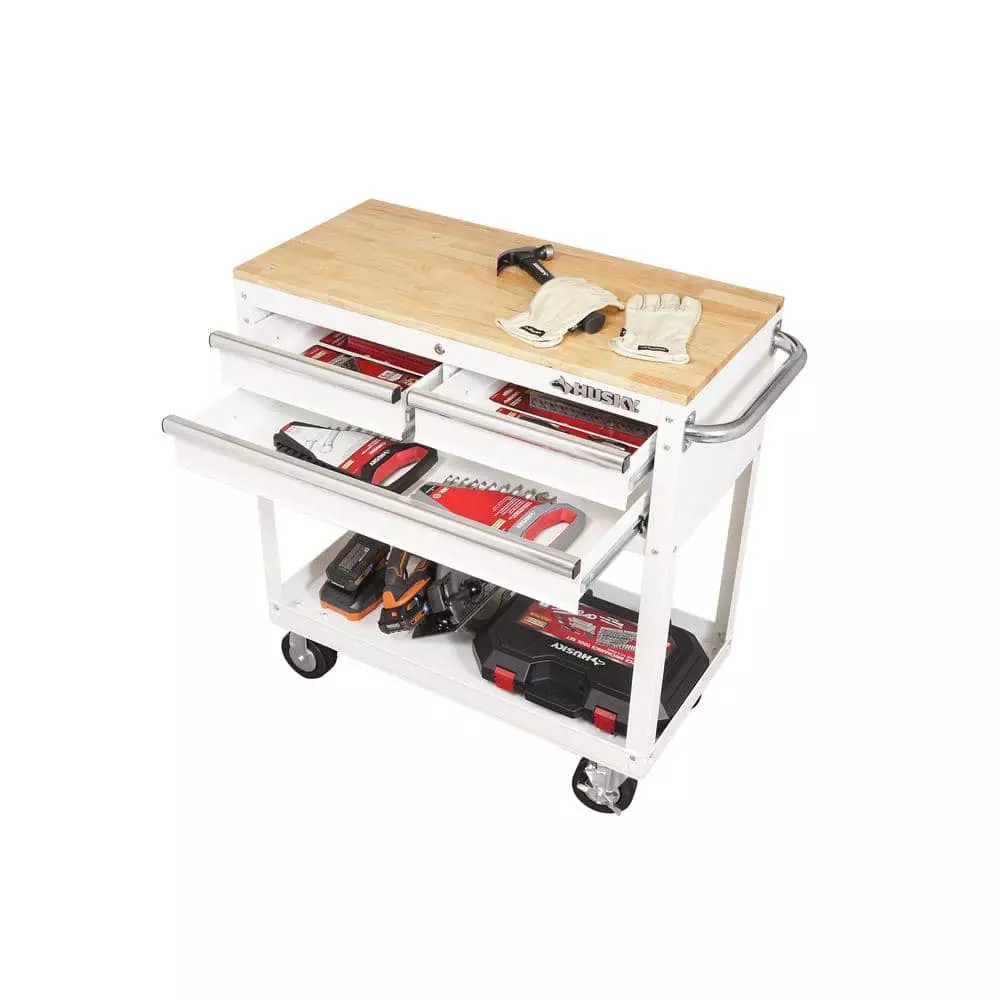 Husky 36 in. 3-Drawer with Solid Wood Top in Gloss White Utility Cart 13 Husky 36 in. 3-Drawer with Solid Wood Top in Gloss White Utility Cart - Image 11