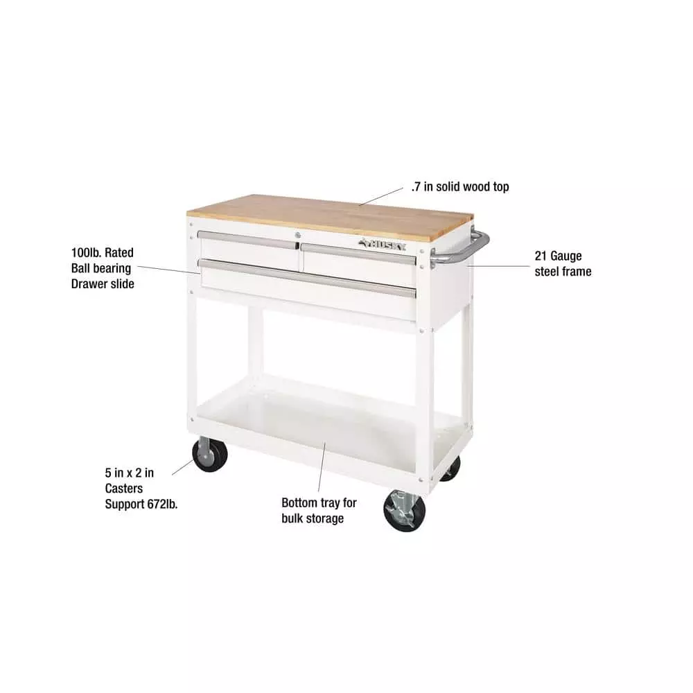 Husky 36 in. 3-Drawer with Solid Wood Top in Gloss White Utility Cart 4 Husky 36 in. 3-Drawer with Solid Wood Top in Gloss White Utility Cart - Image 2