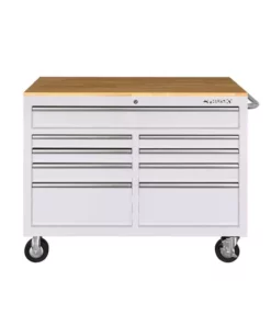 Husky 46 in. W x 24.5 in D Standard Duty 9-Drawer Mobile Workbench Tool Chest with Solid Wood Top in Gloss White 20 Husky 46 in. W x 24.5 in D Standard Duty 9-Drawer Mobile Workbench Tool Chest with Solid Wood Top in Gloss White -FixPro Store gloss white with silver trim husky mobile workbenches hotc4609bj6m c3 1000