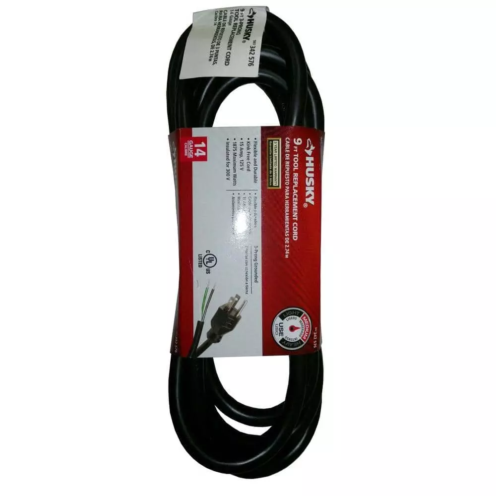 Husky 9 ft. 14/3 Medium-Duty Tool Replacement Cord in Black 3 Husky 9 ft. 14/3 Medium-Duty Tool Replacement Cord in Black