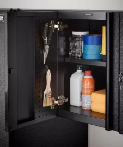 Husky Pro Duty Welded 20-Gauge Steel Wall Mounted Garage Cabinet in Black LINE-X (28 in. W x 22 in. H x 14 in. D) -FixPro Store husky black linex husky wall mounted cabinets htc1000010 lx 1d 1000