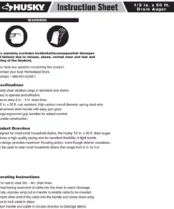 Husky 1/2 in. x 50 ft. Drain Auger -FixPro Store husky drain snakes 82 971 111 40 1000