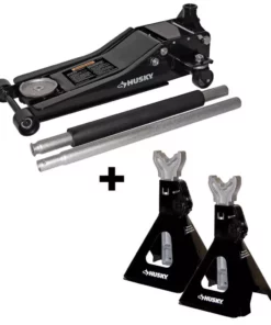 Husky 3-Ton Low Profile Floor Jack with Quick Lift and Jack Stand Pair