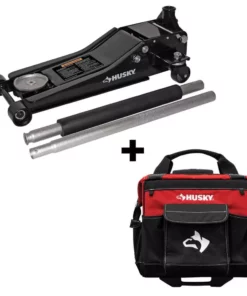 Husky 3-Ton Low Profile Floor Jack with Quick Lift with 14 in. 13 Pocket Rolling Tool Bag