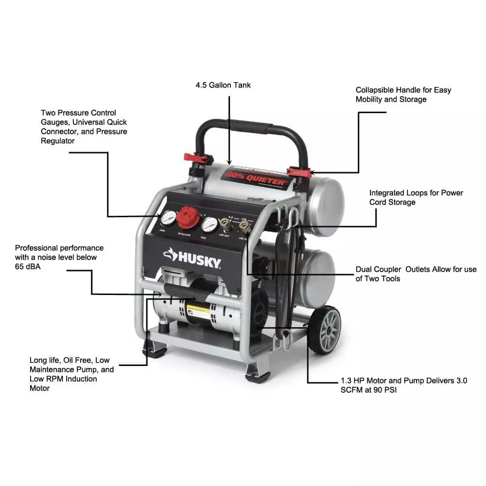 Husky 4.5 Gal. Portable Electric-Powered Silent Air Compressor 14 Husky 4.5 Gal. Portable Electric-Powered Silent Air Compressor - Image 12