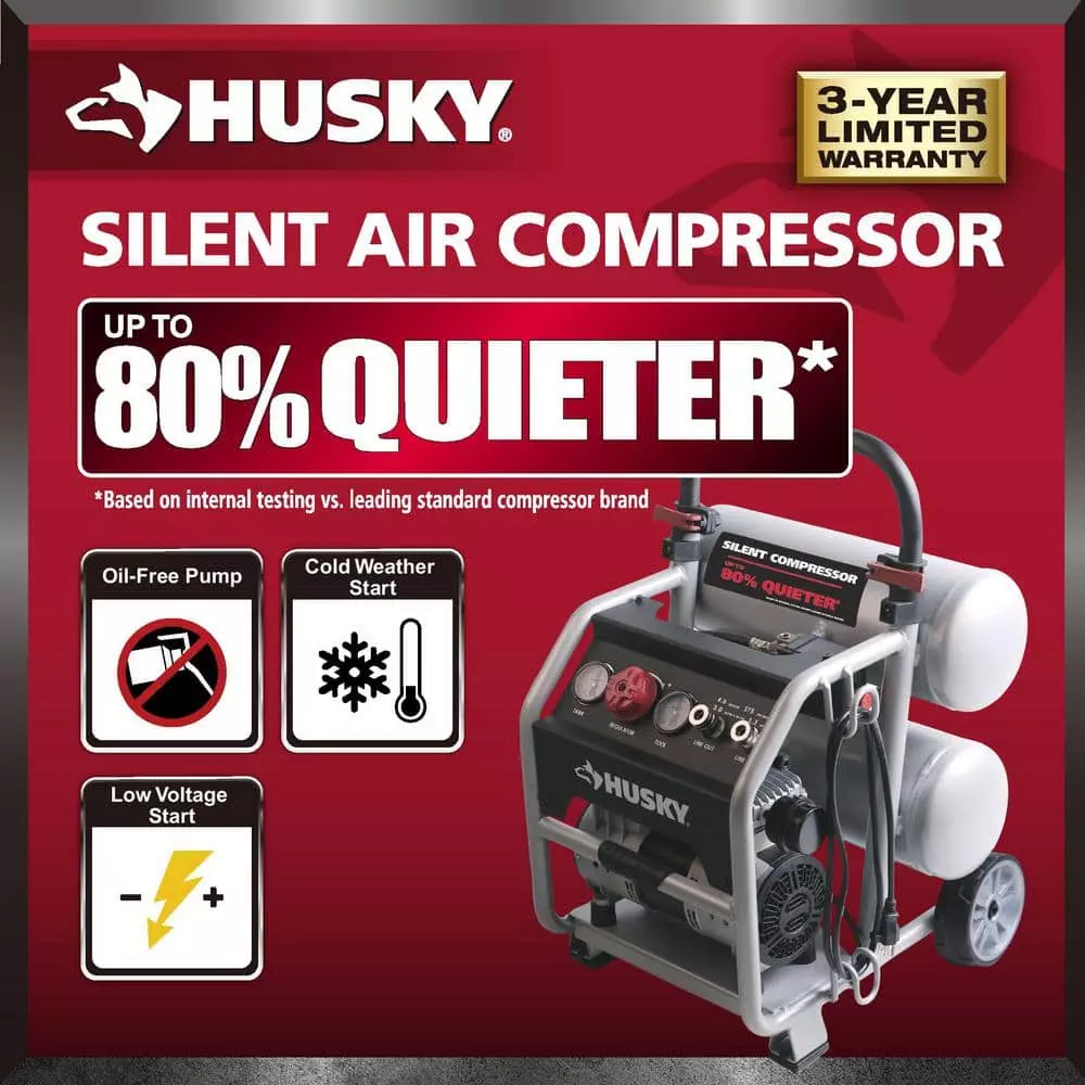 Husky 4.5 Gal. Portable Electric-Powered Silent Air Compressor 4 Husky 4.5 Gal. Portable Electric-Powered Silent Air Compressor - Image 2