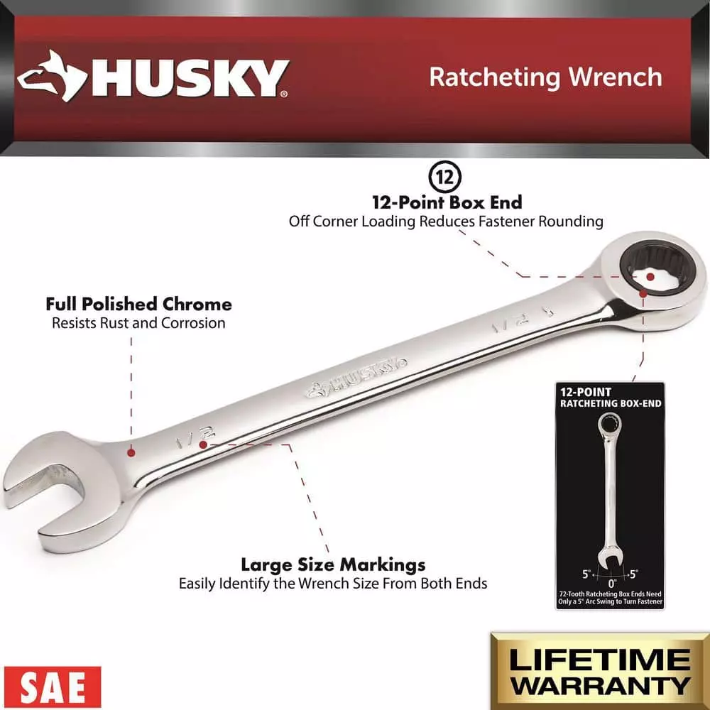 Husky Ratcheting SAE Combination Wrench Set (11-Piece) 5 Husky Ratcheting SAE Combination Wrench Set (11-Piece) - Image 3