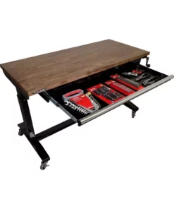 Husky 52 in.W x 24 in. D Steel 1-Drawer Adjustable Height Workbench with Dark Stained Wood Top in Gloss Black -FixPro Store husky workbenches holt5201b11 77 1000