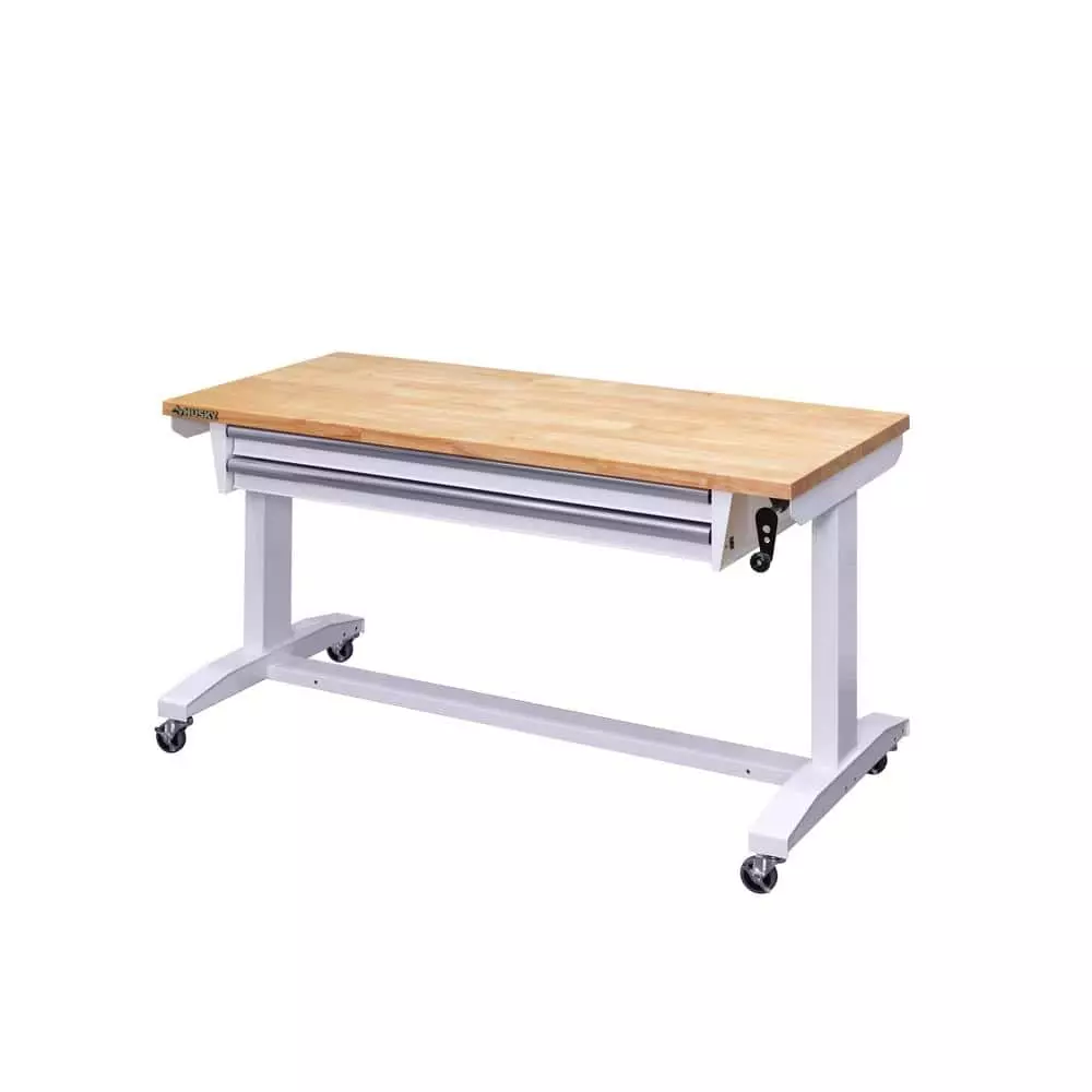 Husky 52 in. Adjustable Height Workbench Table with 2-Drawers in White 3 Husky 52 in. Adjustable Height Workbench Table with 2-Drawers in White