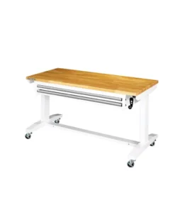 Husky 52 in. W x 24 in. D Steel 2-Drawer Adjustable Height Solid Wood Top Workbench Table in White