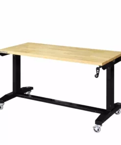 Husky 52 in. W x 24 in. D Adjustable Height Solid Wood Top Workbench Table in Black