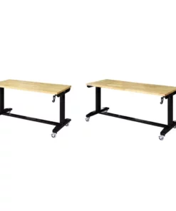 Husky Two Pack 52 in. and 62 in. Adjustable Height Work Tables with Solid Wood Tops in Black