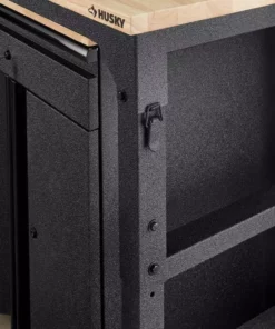 Husky 6 ft. Adjustable Height Solid Wood Top Workbench in Black with LINE-X Coating for Pro Duty Welded Steel Storage System -FixPro Store husky workbenches htc1000004 lx 1d 1000