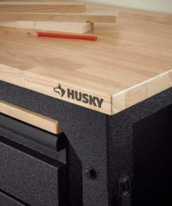 Husky 6 ft. Adjustable Height Solid Wood Top Workbench in Black with LINE-X Coating for Pro Duty Welded Steel Storage System -FixPro Store husky workbenches htc1000004 lx a0 1000