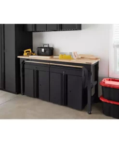 Husky 6 ft. Adjustable Height Solid Wood Top Workbench in Black with LINE-X Coating for Pro Duty Welded Steel Storage System -FixPro Store husky workbenches htc1000004 lx e1 1000