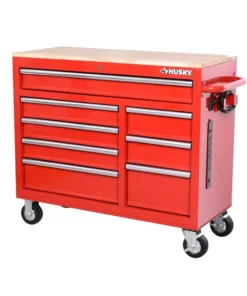 Husky 42 in. W x 18.1 in. D 8-Drawer Red Mobile Workbench Cabinet with Solid Wood Top